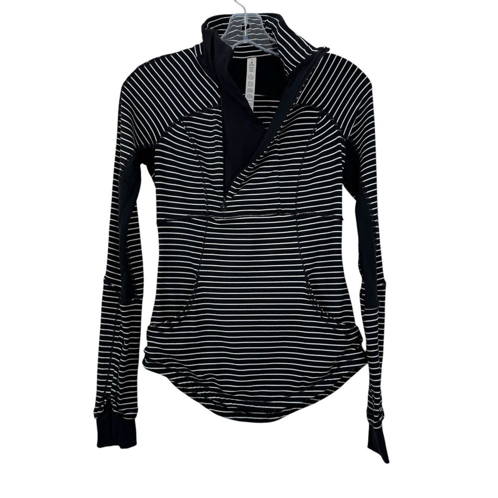 LULULEMON Black White Stripe Base Runner 1/2 Zip Rulu Active Pullover Top Size 4